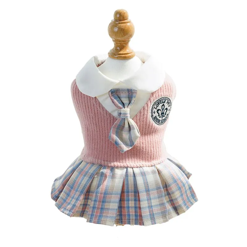 College style plaid dog dress for small dogs and cats, polyester, pink colour, available in sizes XS to XXL