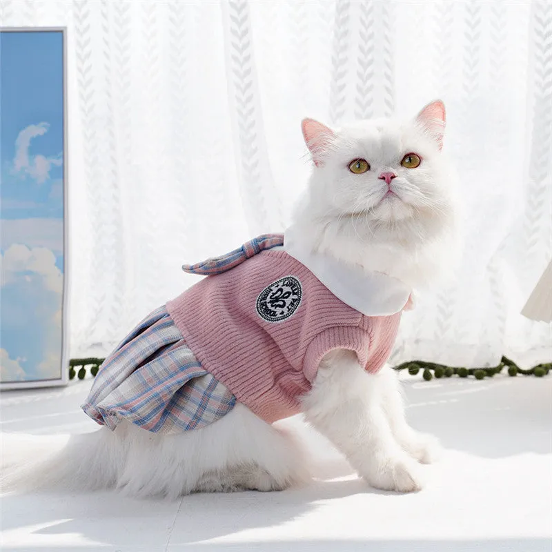 College style plaid dog dress for small dogs and cats, polyester, pink colour, available in sizes XS to XXL