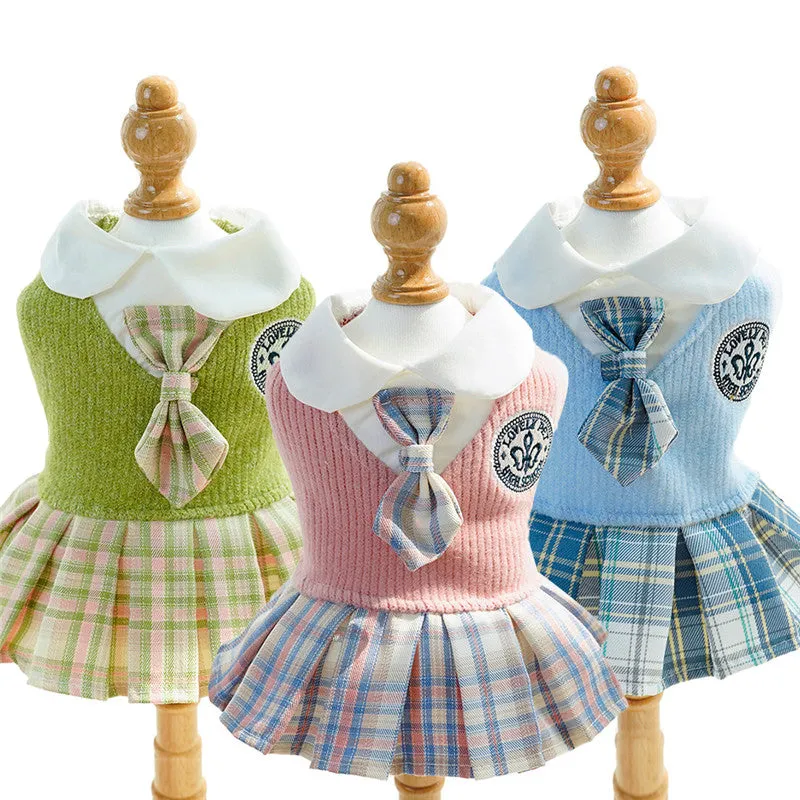 College style plaid dog dress for small dogs and cats, polyester, pink colour, available in sizes XS to XXL