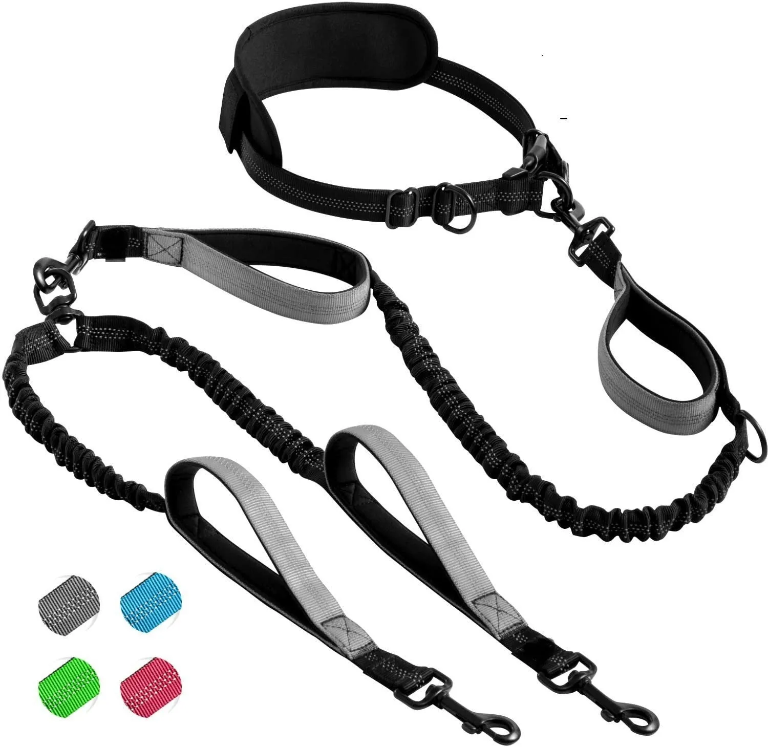 Nylon dog traction belt with stretch double-ended rope 115cm and 135cm waist circumference in black and blue