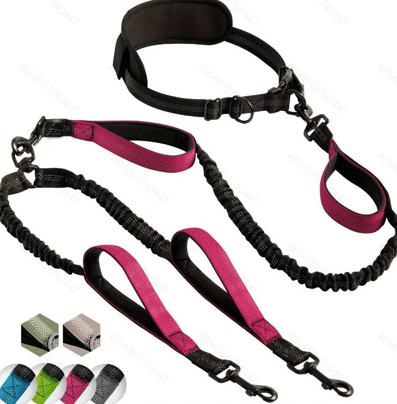 Nylon dog traction belt with stretch double-ended rope 115cm and 135cm waist circumference in black and blue