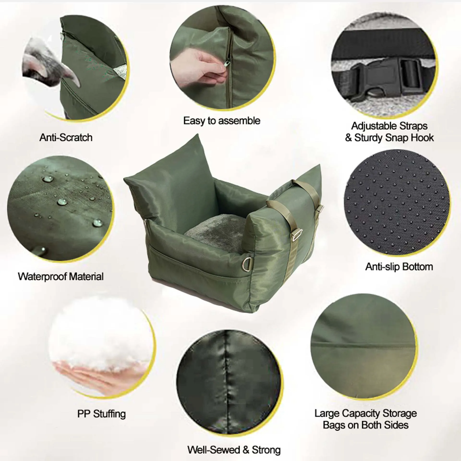 Waterproof non-slip car kennel for dogs in olive green double seat size 65x65x35 cm