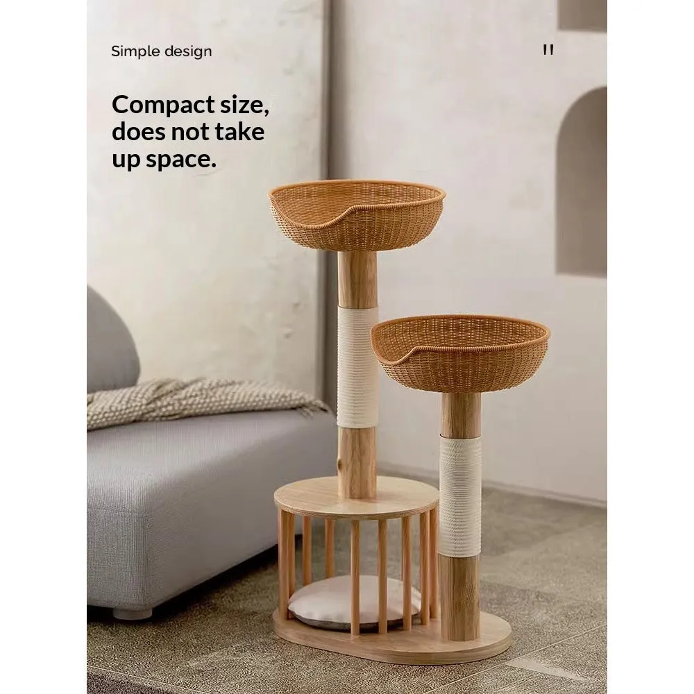 Solid wood cat climbing frame with rubberwood base, straight pine trunk, and sisal-covered curved fruit tree trunk
