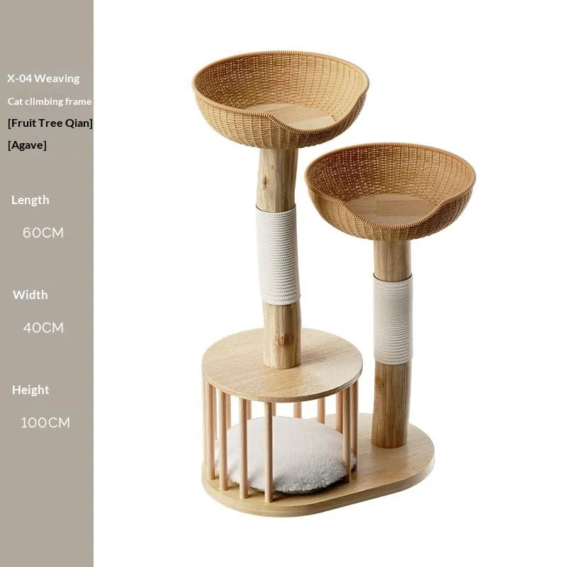 Solid wood cat climbing frame with rubberwood base, straight pine trunk, and sisal-covered curved fruit tree trunk