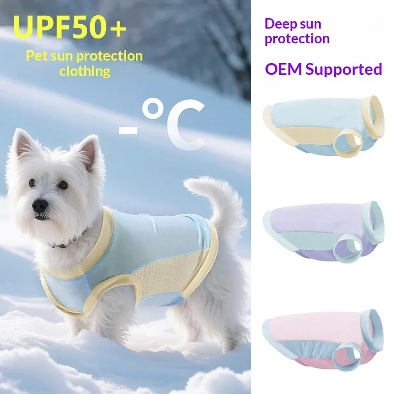 Pet ice silk sun protection vest in cherry blossom pink on a small dog, unisex cooling clothing