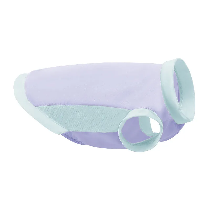 Pet ice silk sun protection vest in cherry blossom pink on a small dog, unisex cooling clothing