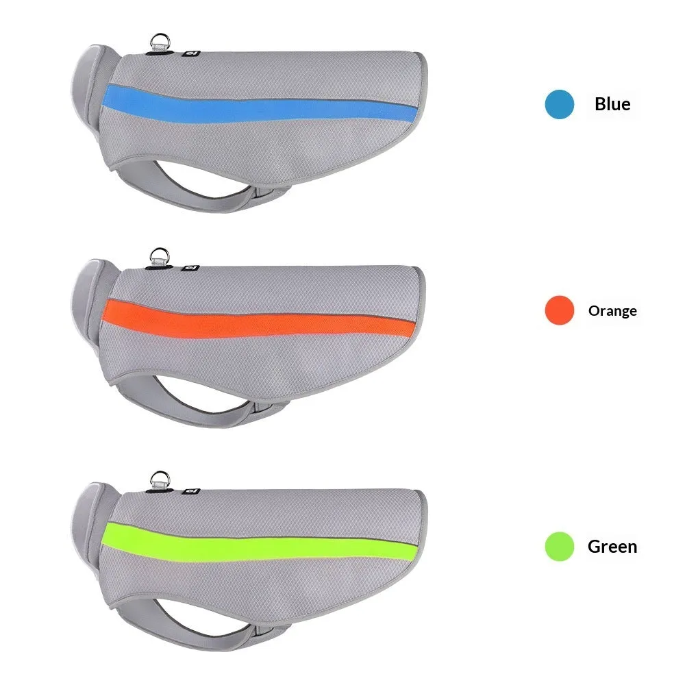 Cooling vest for medium and large dogs in blue, green, and orange mesh, sizes 3XL to 6XL