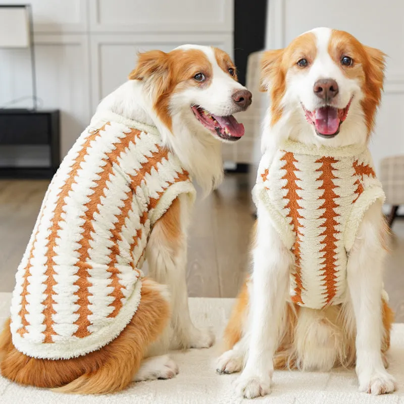 Golden retriever wearing caramel polyester fleece pet clothing with chest sizing from XS to 8XL