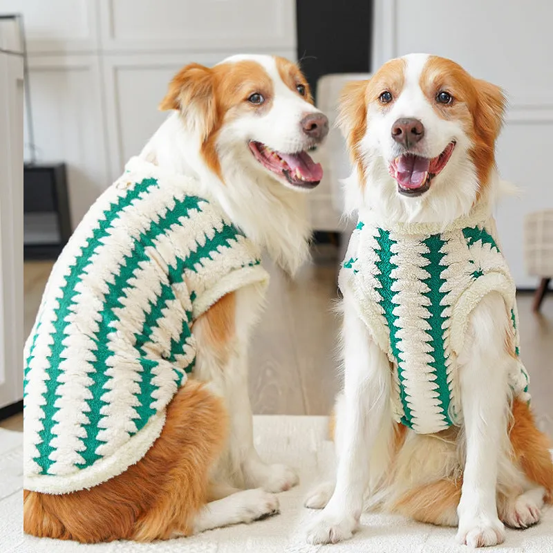 Golden retriever wearing caramel polyester fleece pet clothing with chest sizing from XS to 8XL
