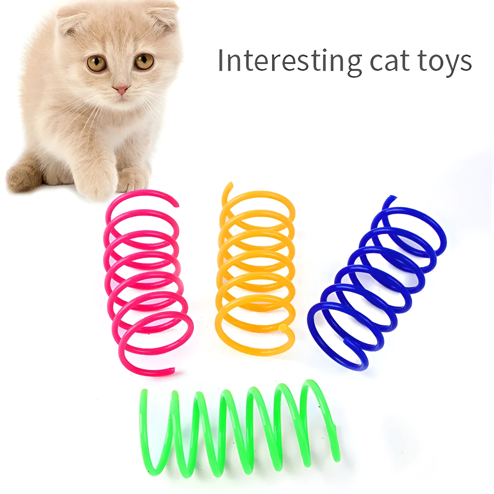 Colourful plastic coil spring cat toys shown in a mixed group, each measuring 5.5 cm long.