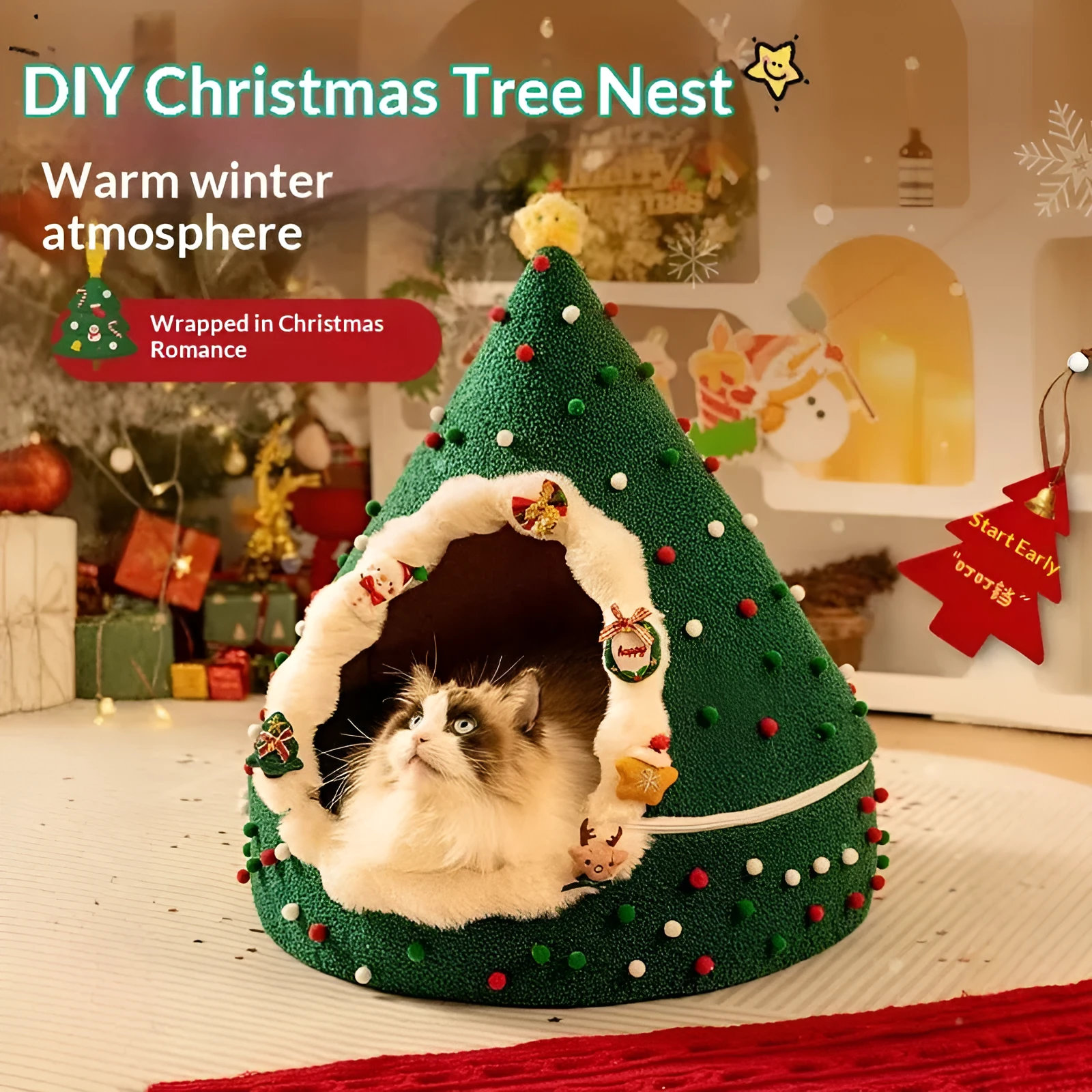 Closed plush Christmas tree cat nest with PP cotton fill, available in multiple sizes