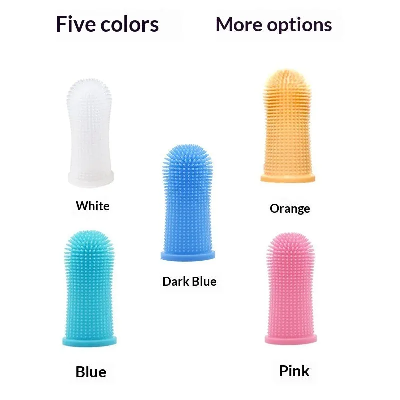 360-degree silicone finger toothbrush for dogs and cats in blue with soft bristles on a white background