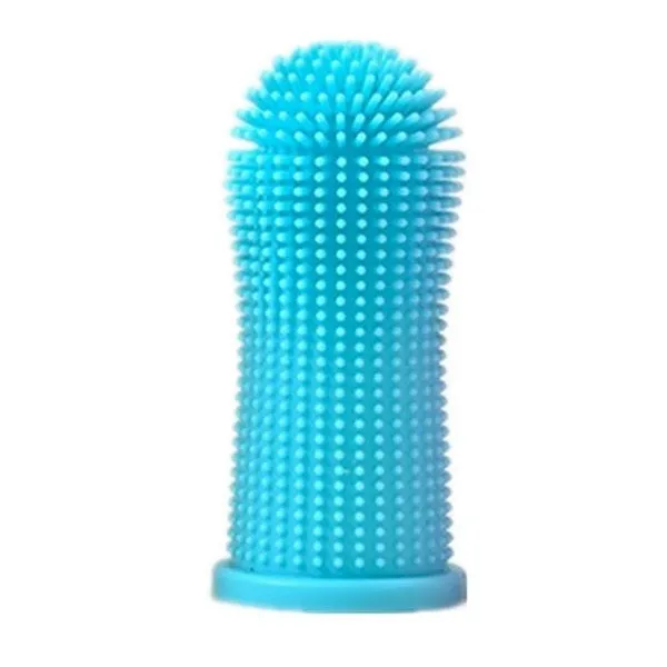360-degree silicone finger toothbrush for dogs and cats in blue with soft bristles on a white background