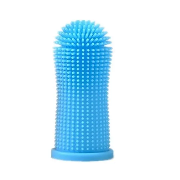 360-degree silicone finger toothbrush for dogs and cats in blue with soft bristles on a white background