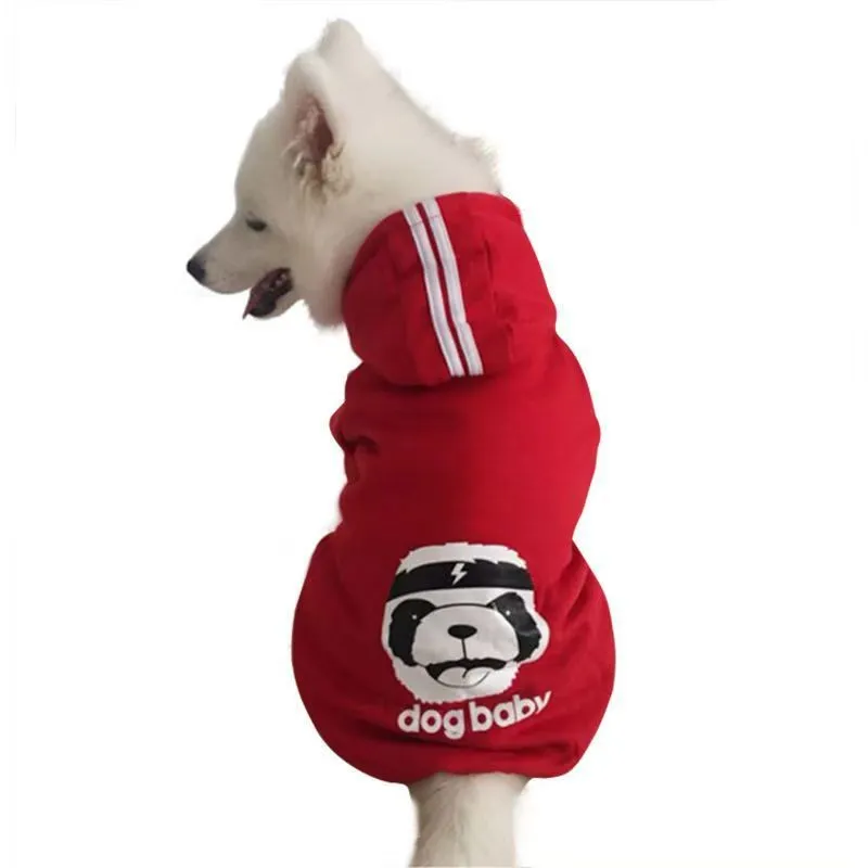 Dog wearing a polyester two-legged sweatshirt in blue, with back length and chest size measurements visible.