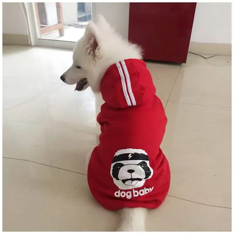 Dog wearing a polyester two-legged sweatshirt in blue, with back length and chest size measurements visible.