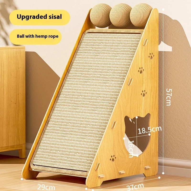 Composite board sisal cat scratch board, vertical wall mounted, upgrade thick triangle with 3 hemp rope teasing balls