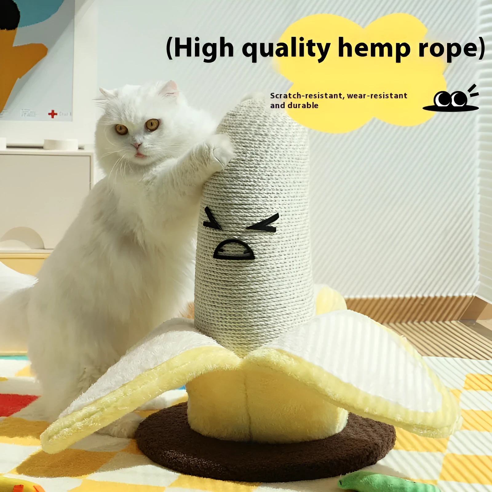 Large banana-shaped vertical sisal scratching pole for cats in yellow colour
