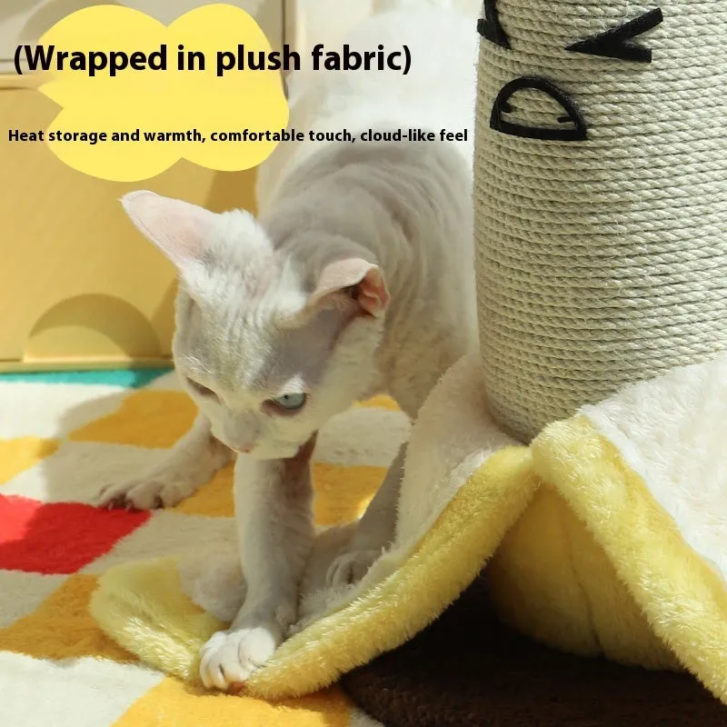 Large banana-shaped vertical sisal scratching pole for cats in yellow colour