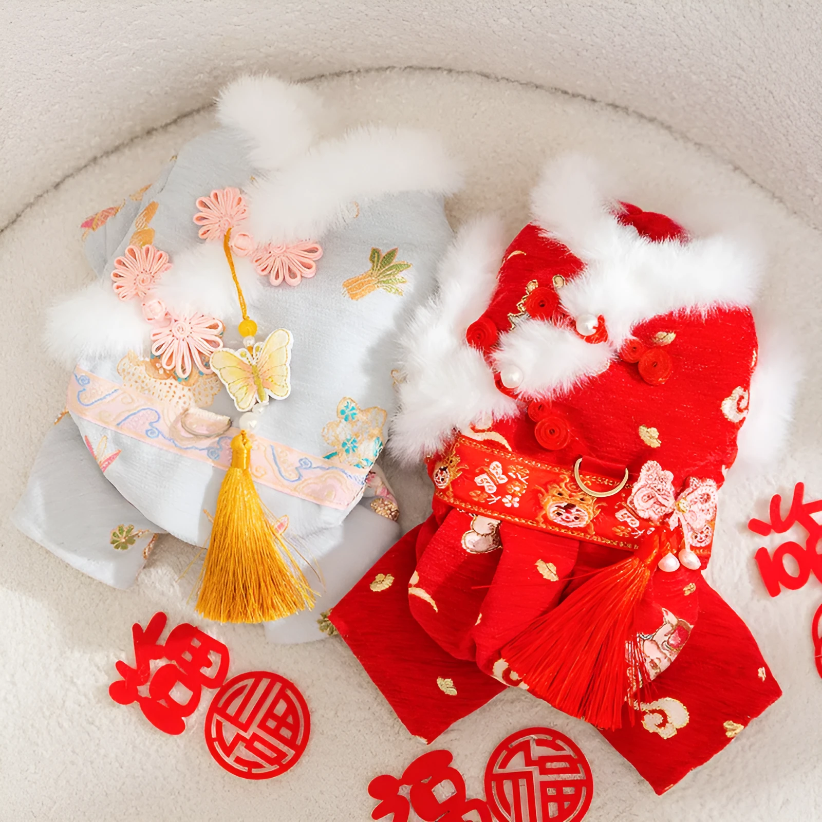 Red embroidered Tang suit for small dog with faux fur trim and tassels