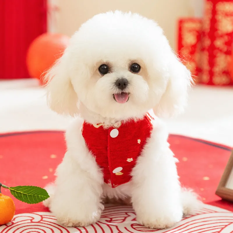 Red embroidered Tang suit for small dog with faux fur trim and tassels