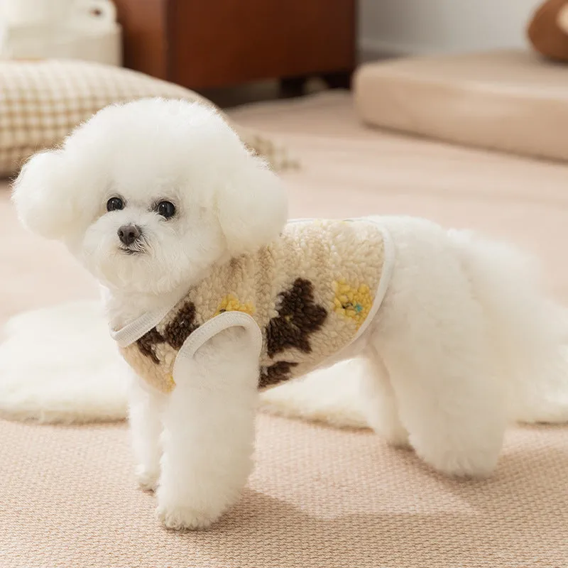 White teddy bear printed Sherpa fleece dog vest with QQ button closure for small and medium pets