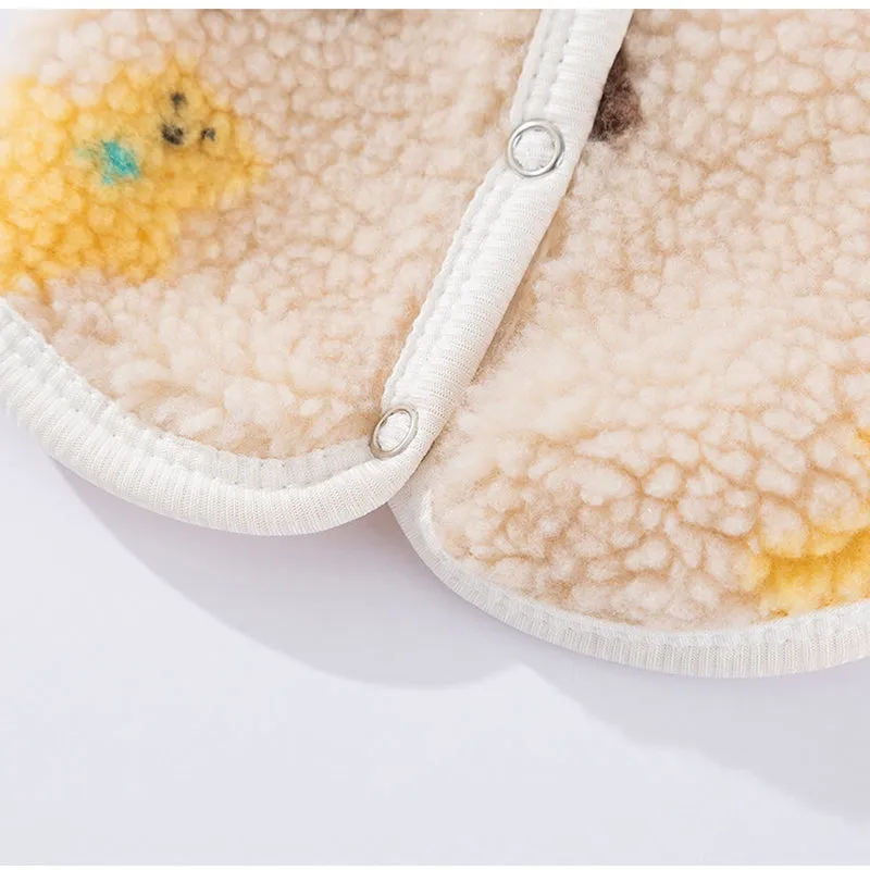 White teddy bear printed Sherpa fleece dog vest with QQ button closure for small and medium pets