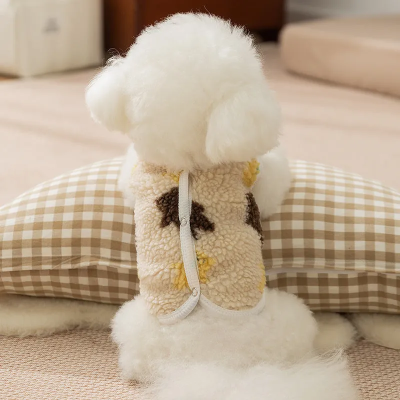 White teddy bear printed Sherpa fleece dog vest with QQ button closure for small and medium pets