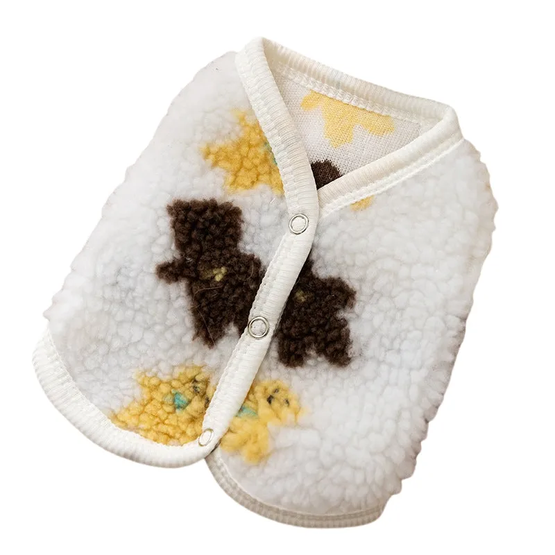 White teddy bear printed Sherpa fleece dog vest with QQ button closure for small and medium pets