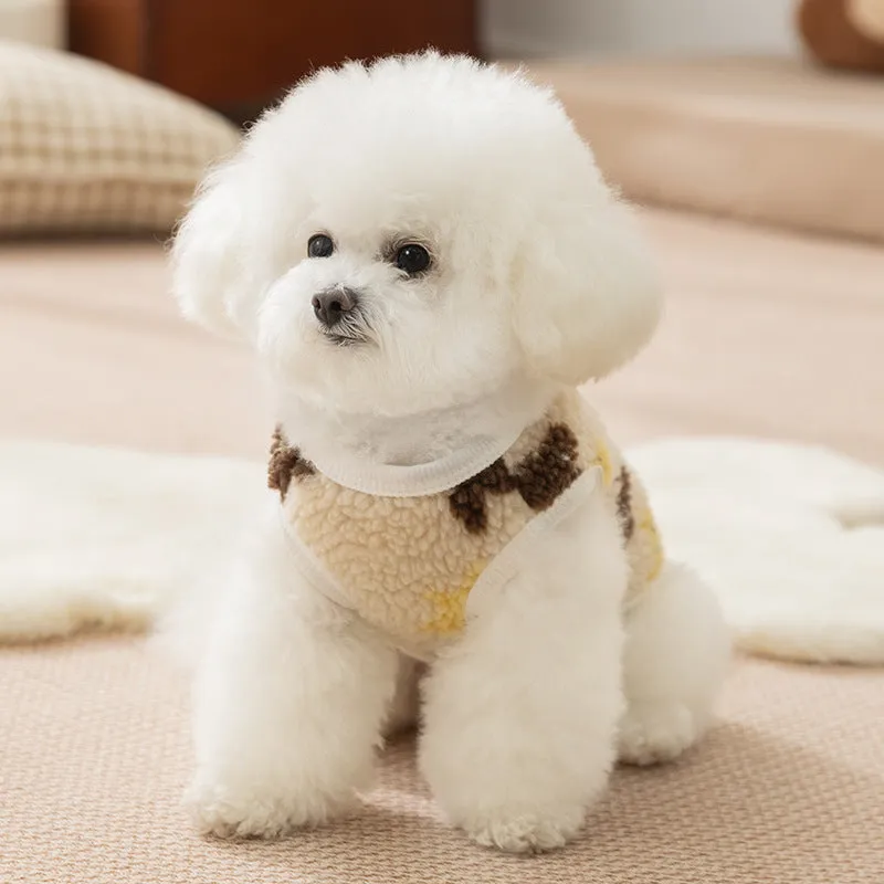 White teddy bear printed Sherpa fleece dog vest with QQ button closure for small and medium pets