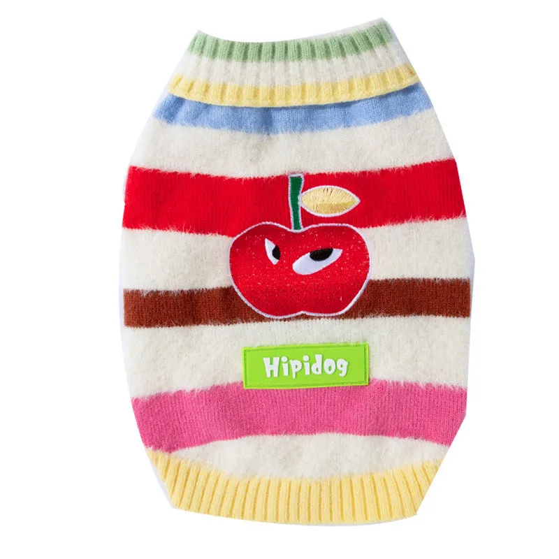 Corgi dog wearing a rainbow apple striped knitted pullover sweater in brown, standing on grass