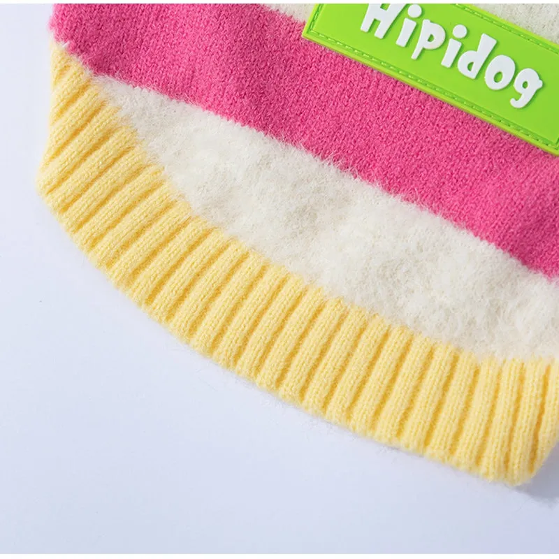 Corgi dog wearing a rainbow apple striped knitted pullover sweater in brown, standing on grass