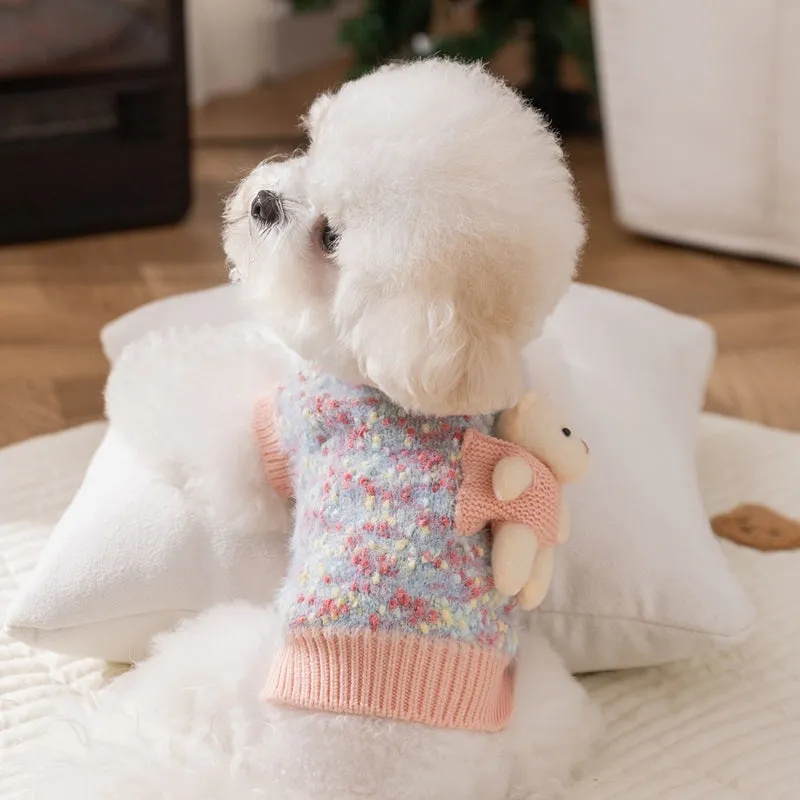 Blue autumn winter pet sweater with three-dimensional bear floral yarn pullover design for small medium dogs and cats