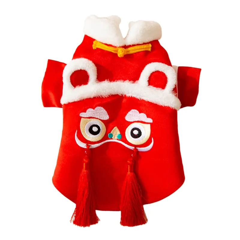 Red lion dance pet costume with embroidery and tassels on a dog