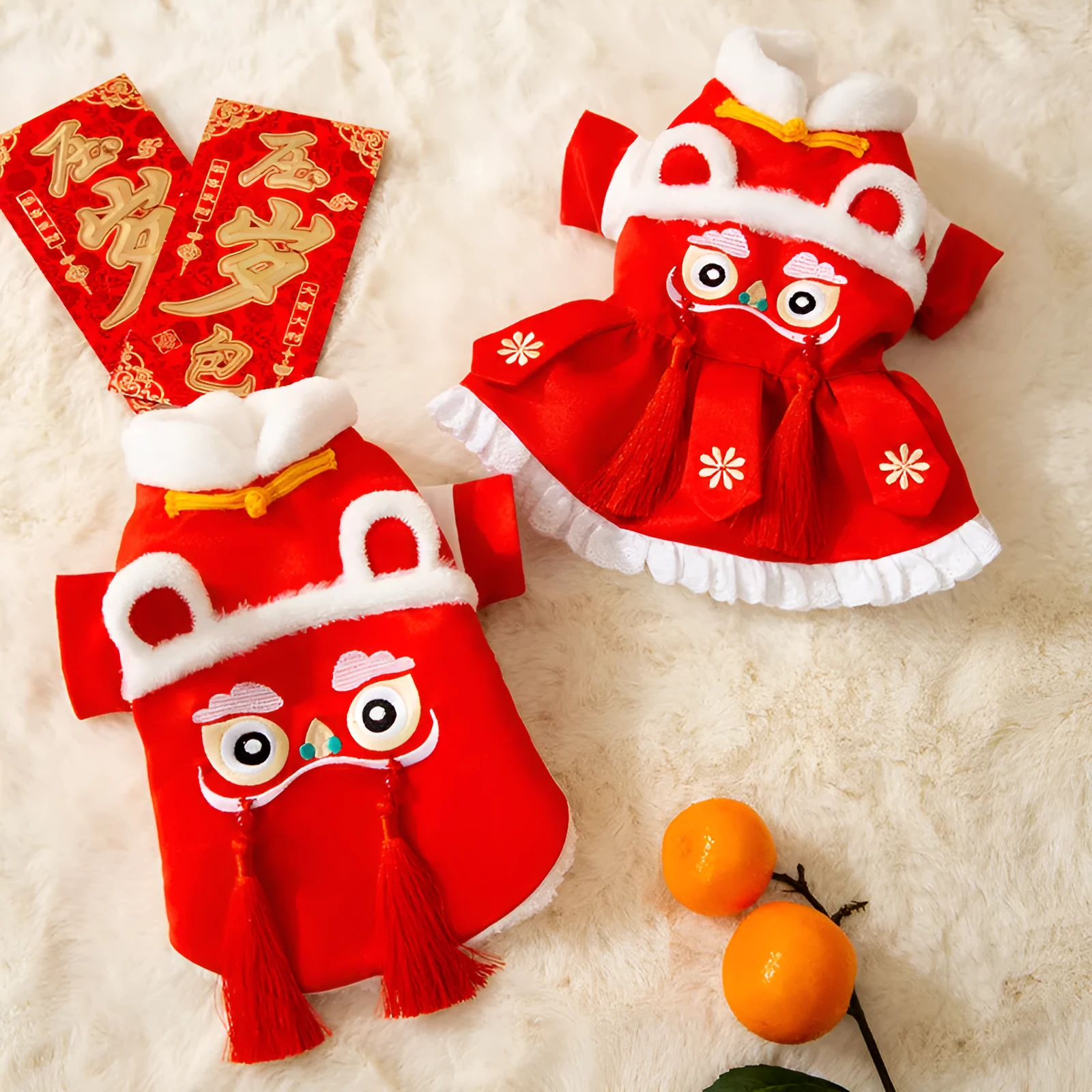 Red lion dance pet costume with embroidery and tassels on a dog