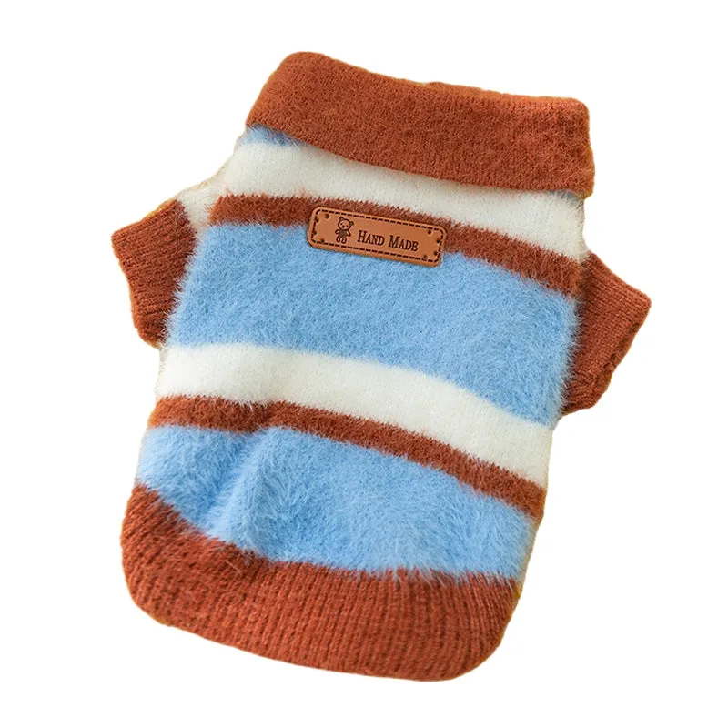 Polo collar pet cardigan for small dogs, soft striped knitted fabric, two-legged design, blue and brown stripes
