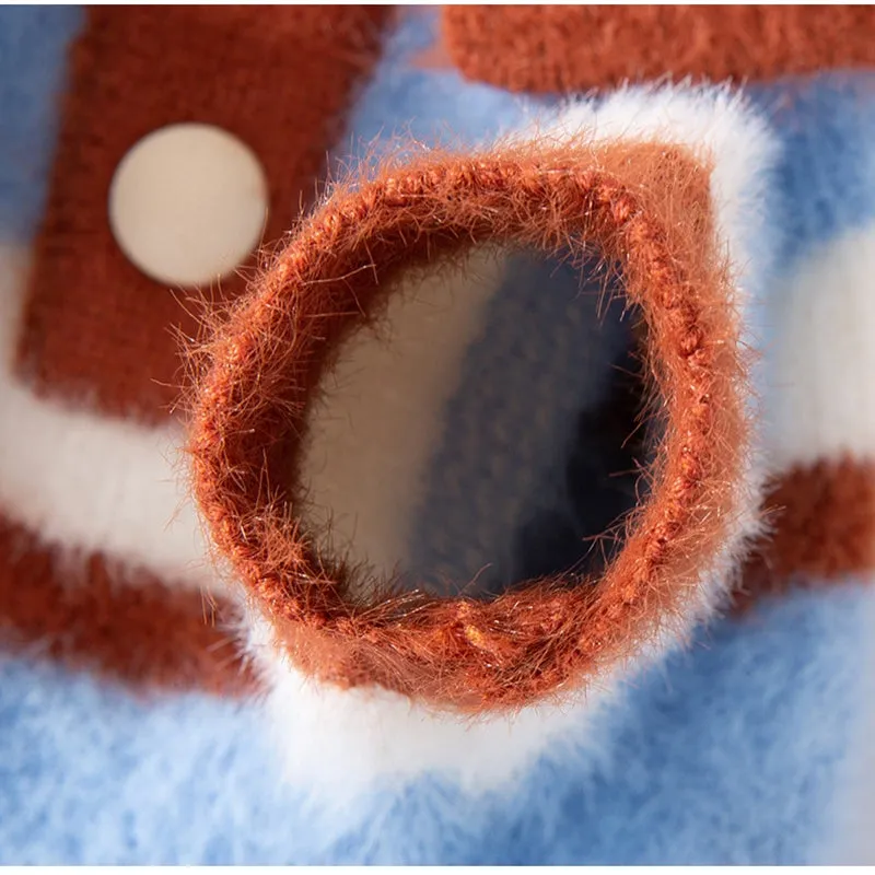 Polo collar pet cardigan for small dogs, soft striped knitted fabric, two-legged design, blue and brown stripes