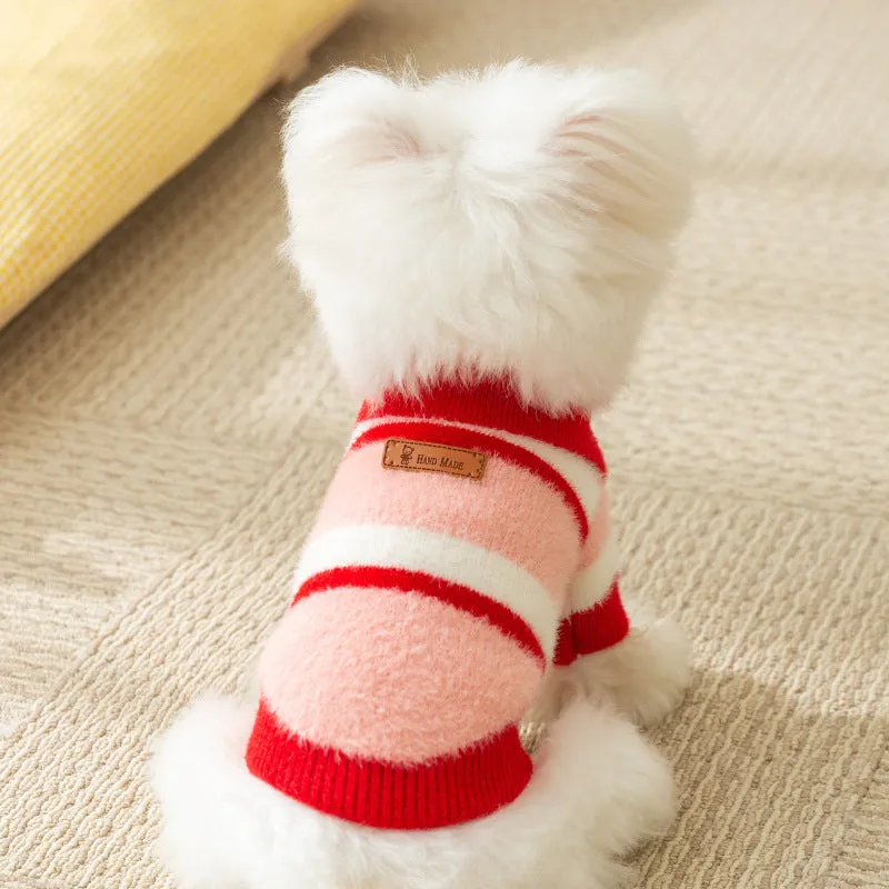 Polo collar pet cardigan for small dogs, soft striped knitted fabric, two-legged design, blue and brown stripes