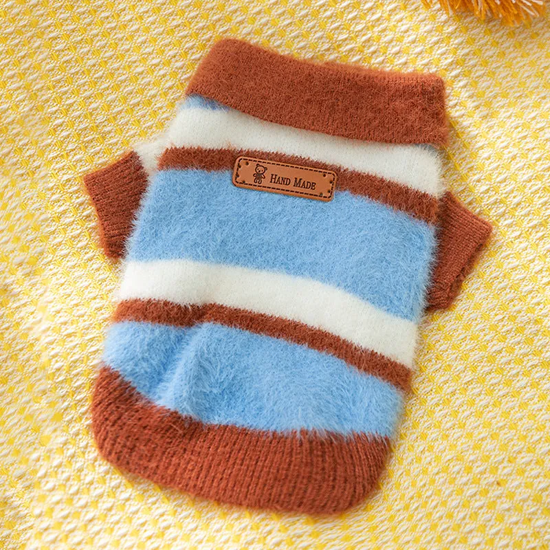 Polo collar pet cardigan for small dogs, soft striped knitted fabric, two-legged design, blue and brown stripes