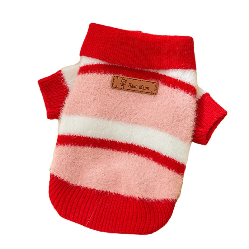 Polo collar pet cardigan for small dogs, soft striped knitted fabric, two-legged design, blue and brown stripes