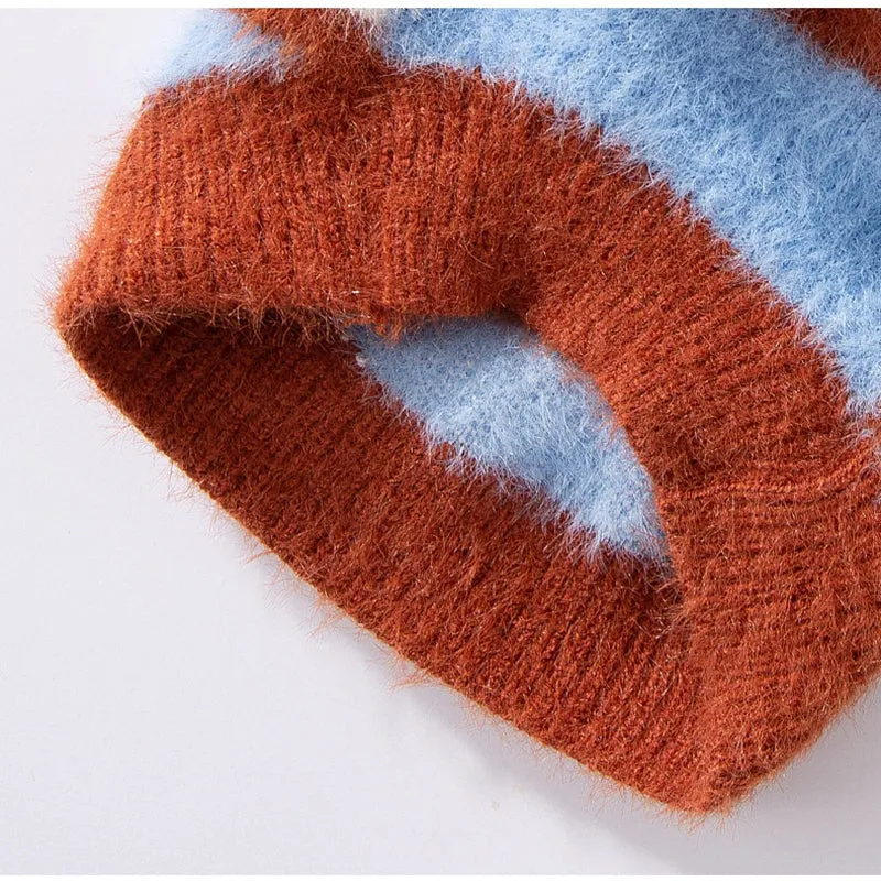 Polo collar pet cardigan for small dogs, soft striped knitted fabric, two-legged design, blue and brown stripes