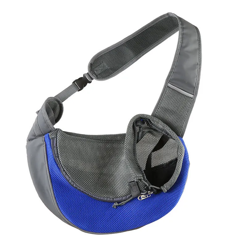 Mesh fabric pet carrier sling with PVC base in seven colours, showing S and L size options