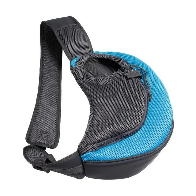 Mesh fabric pet carrier sling with PVC base in seven colours, showing S and L size options