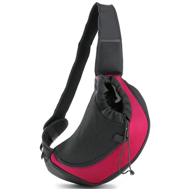 Mesh fabric pet carrier sling with PVC base in seven colours, showing S and L size options