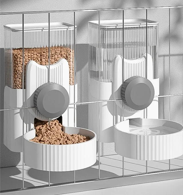 Hanging cat water fountain and automatic dog feeder combo set in blue, with two 1000ml plastic bowls for drinking and feeding