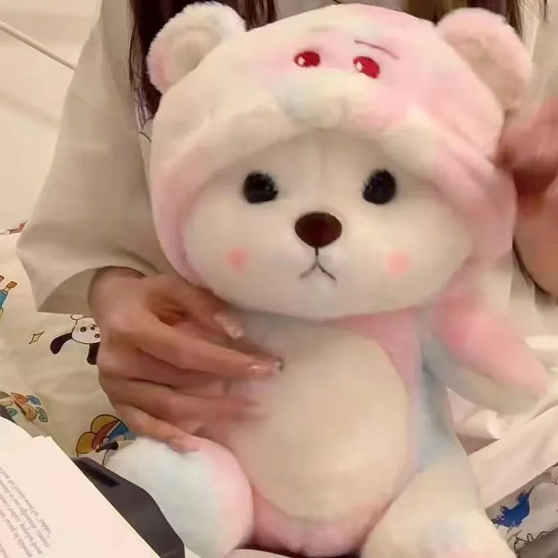 Colourful strawberry bear plush doll with cute face, available in multiple sizes and colours for teenagers
