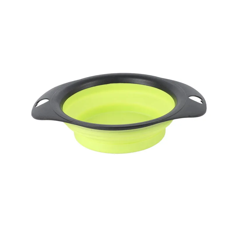 Black silicone pet bowl shown both folded flat and snapped open, next to a dog leash.