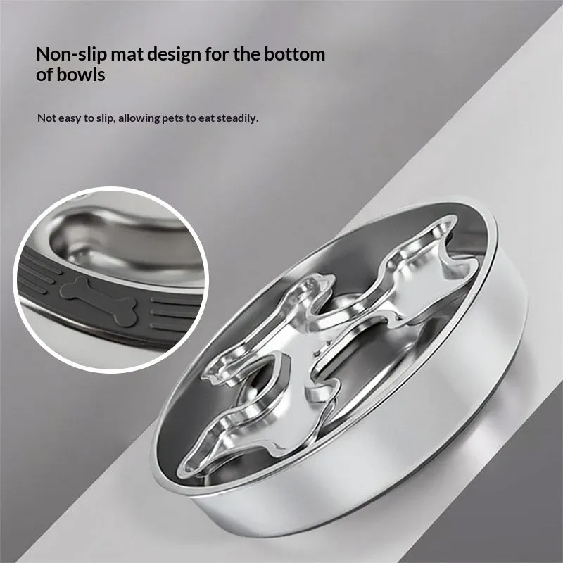 Stainless steel rotating slow-feeding pet bowl with bone design for dogs and cats to prevent choking