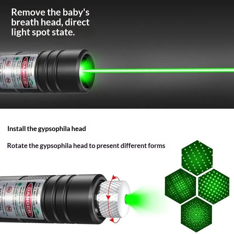 USB-charging infrared cat laser pointer in black aluminium alloy with green light and starry-sky rotating head