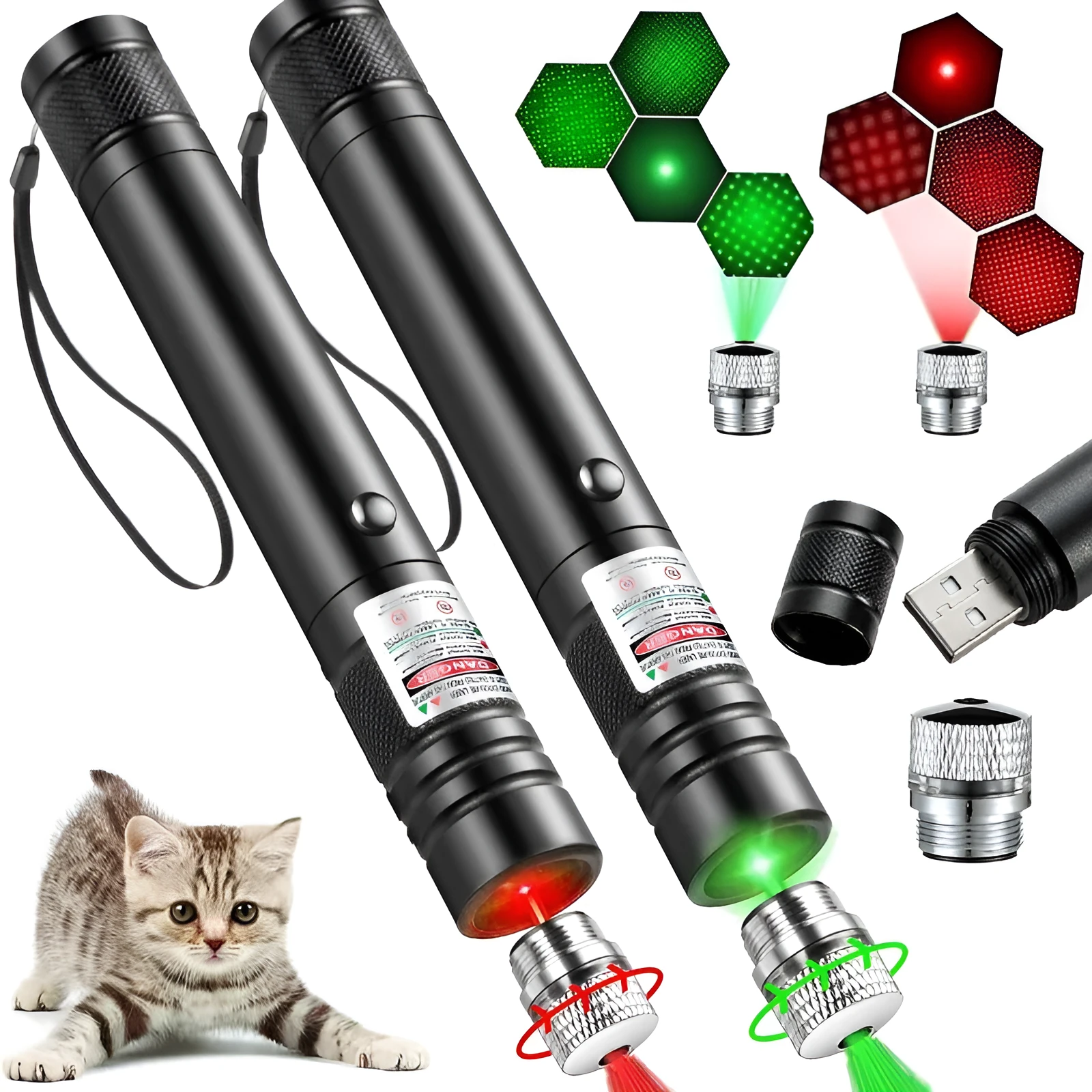 USB-charging infrared cat laser pointer in black aluminium alloy with green light and starry-sky rotating head